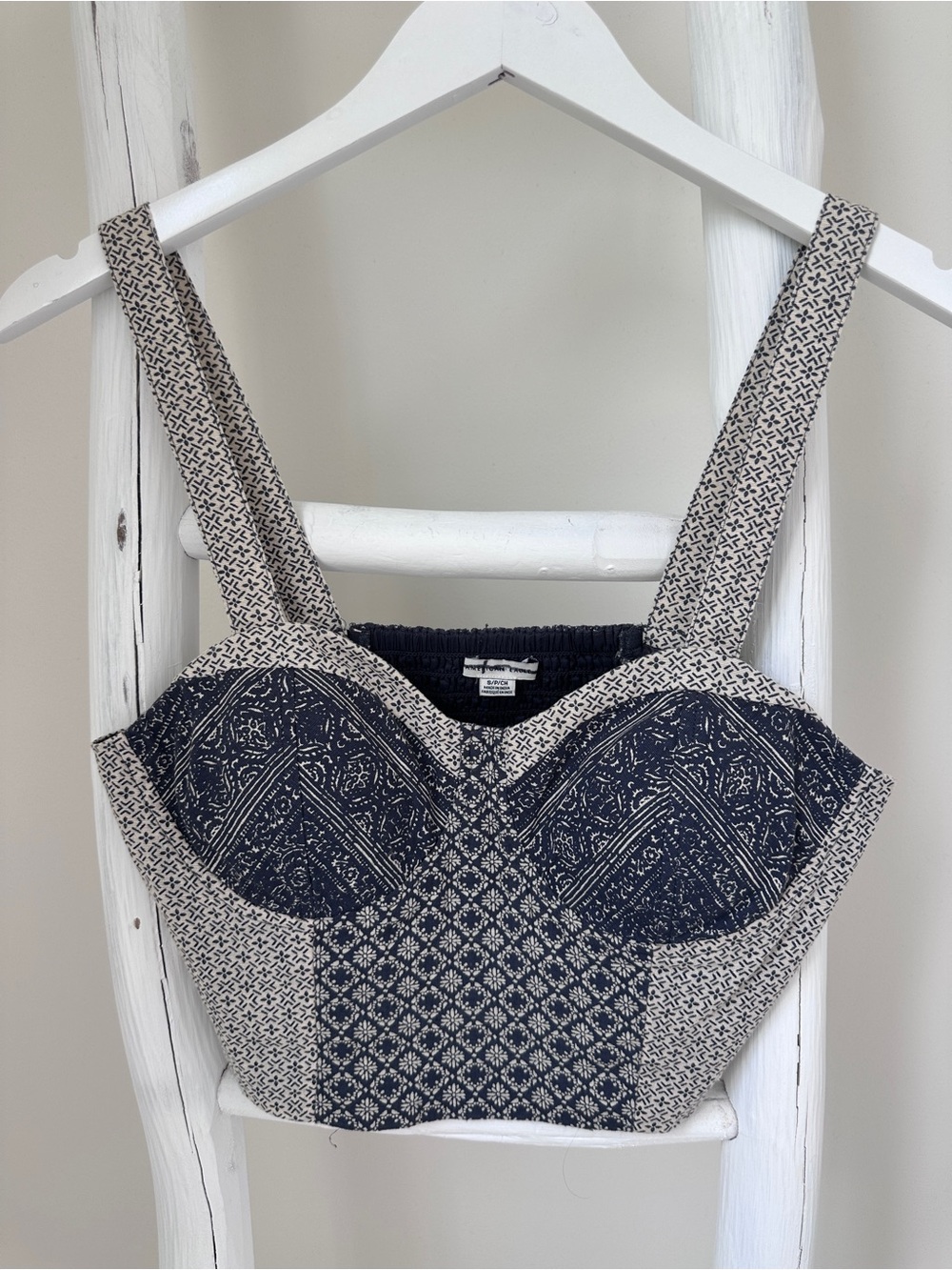 American Eagle Outfitters Boho Patchwork Smocked Navy Cropped Tank Top Size S